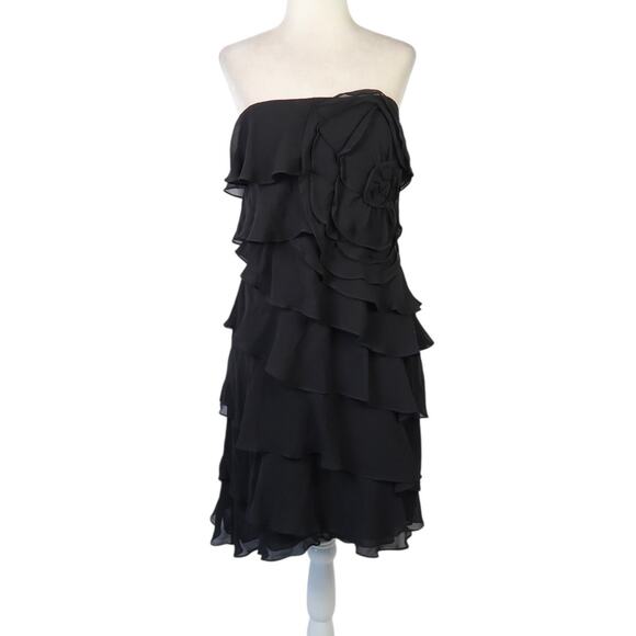 Vintage Y2K Express Black Silk Tiered Ruffle Strapless Party Dress 10 - Picture 1 of 6